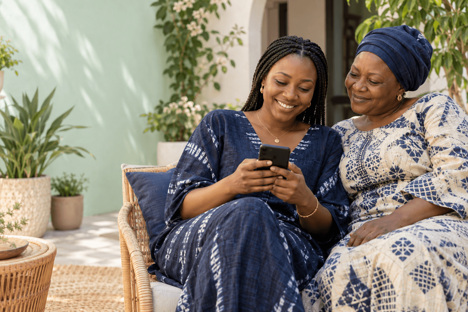 Illustration de deux proches en Guinée regardant leur téléphone