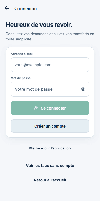 Écran de connexion réel de l’application cliente GUICANFLY
